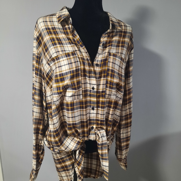 Rachel Roy Long Sleeve Navy Blue Dark Yellow Plaid BF Style Button Up Shirt - Picture 2 of 13